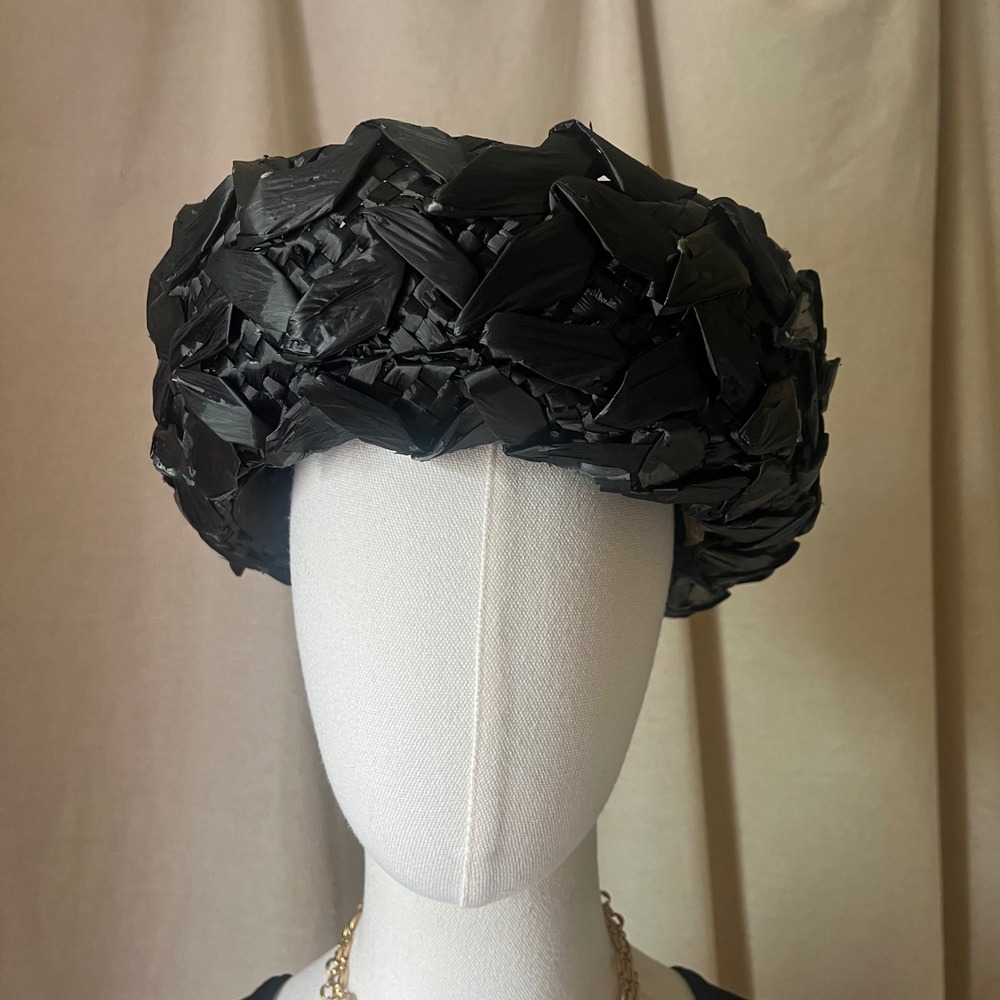 Vintage Black Sculptural Raffia Cocktail Hat Paris Boutique